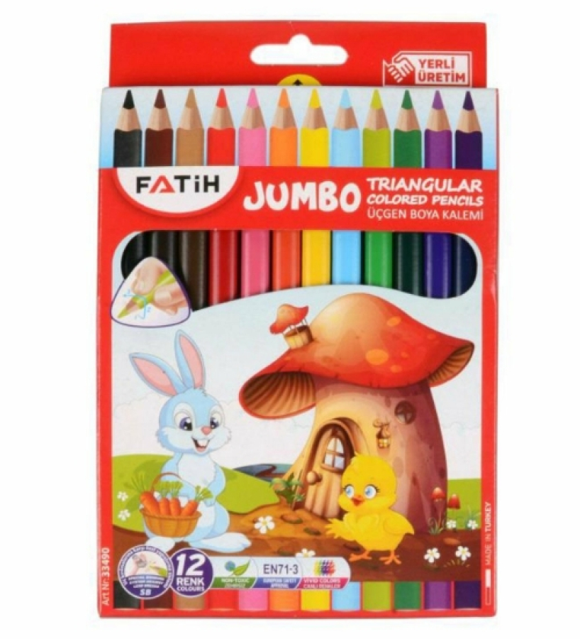FATİH ÜÇGEN JUMBO TRİANGULAR KURUBOYA KALEMİ 12 RENK TAM BOY